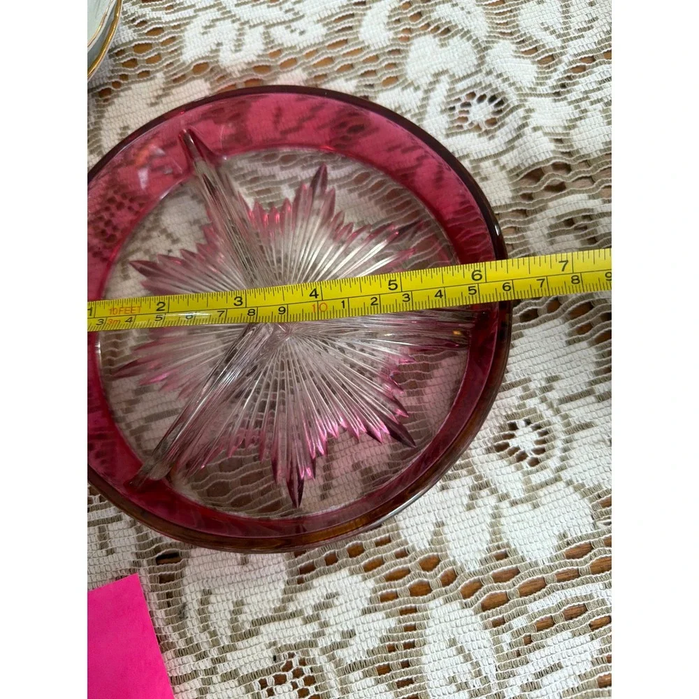 Vintage Cranberry Glass Divided Relish Dish Starburst Clear Base Round 6.5 Inch